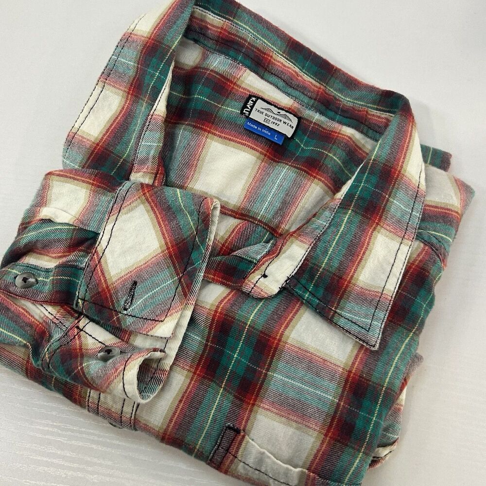 Kavu Women’s Long Sleeve Plaid Green Red‎ Flannel Button Up Size Large Hiking